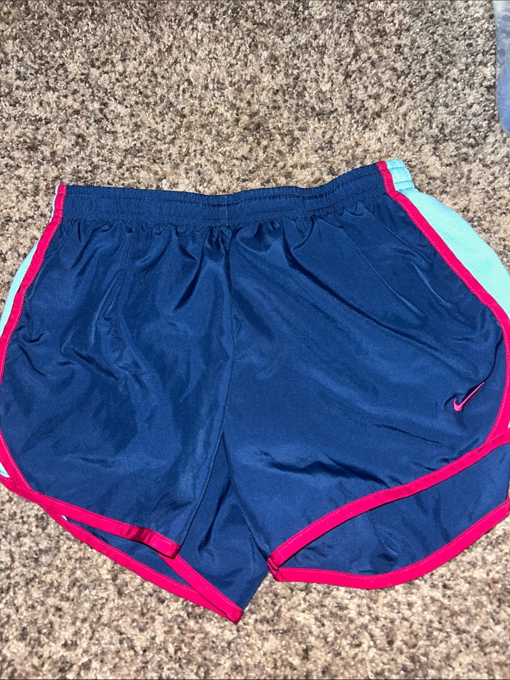 Nike Navy Athletic Shorts with Pink Trim and Light Blue Side Panels